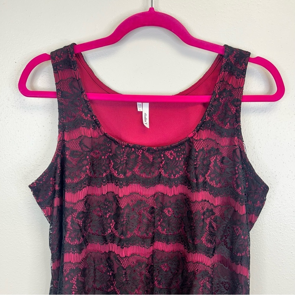Studio Y Black Red Lace Tank Top Womens L Goth Fairy Grunge Vampire Stretch - Picture 2 of 9